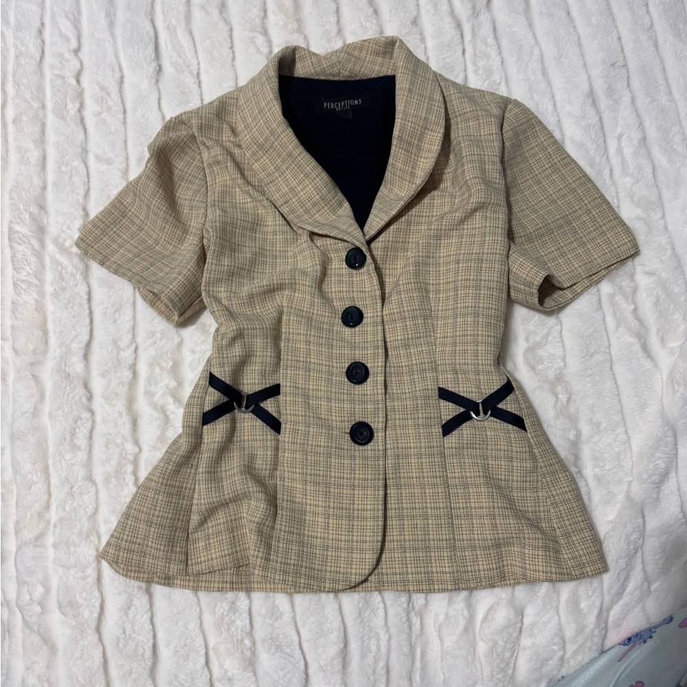 Plaid Short Sleeve Blazer with navy Accents